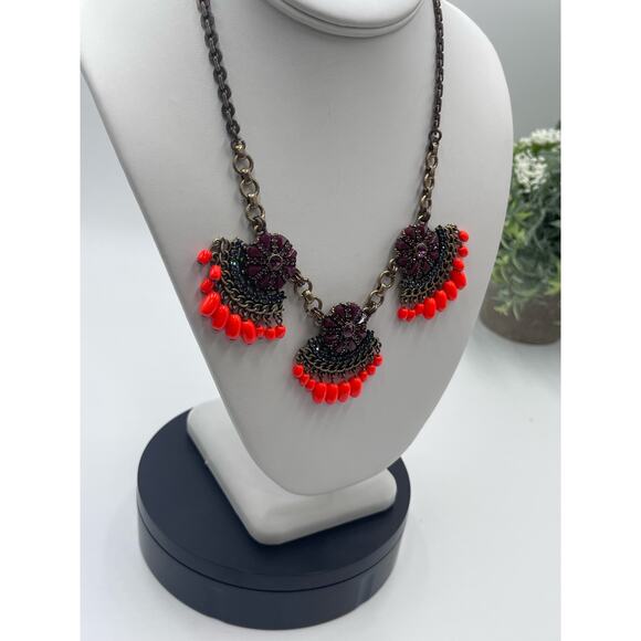 J. CREW Fan Fringe Flower Purple Orange Gold Tone Statement Bib Necklace - Picture 9 of 16